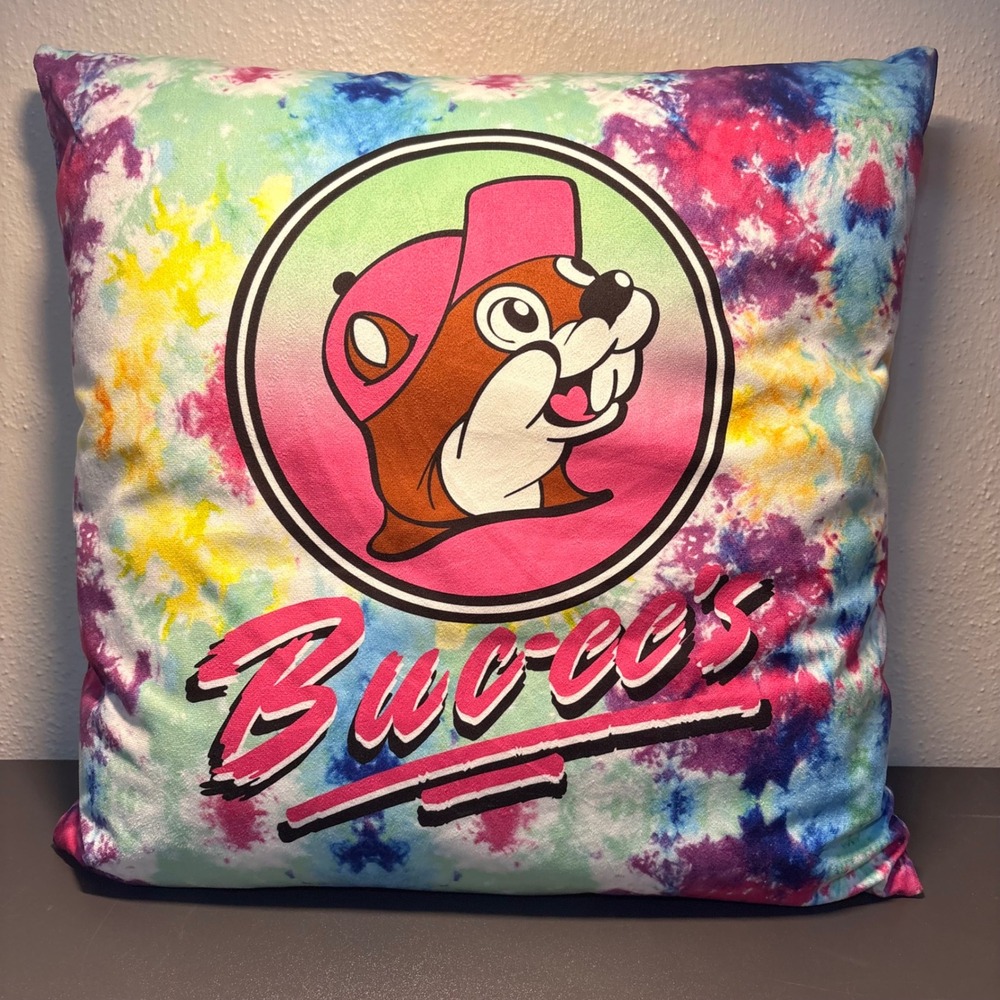 Buc-ees Accent Pillow Unisex 18x18 Multi Tie Dye Excellent Mascot Logo Cushion